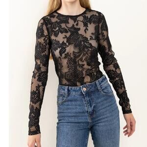 Ces Femme Boutique New Burgundy Red Floral Lace Mesh Rhinestone Bodysuit Small